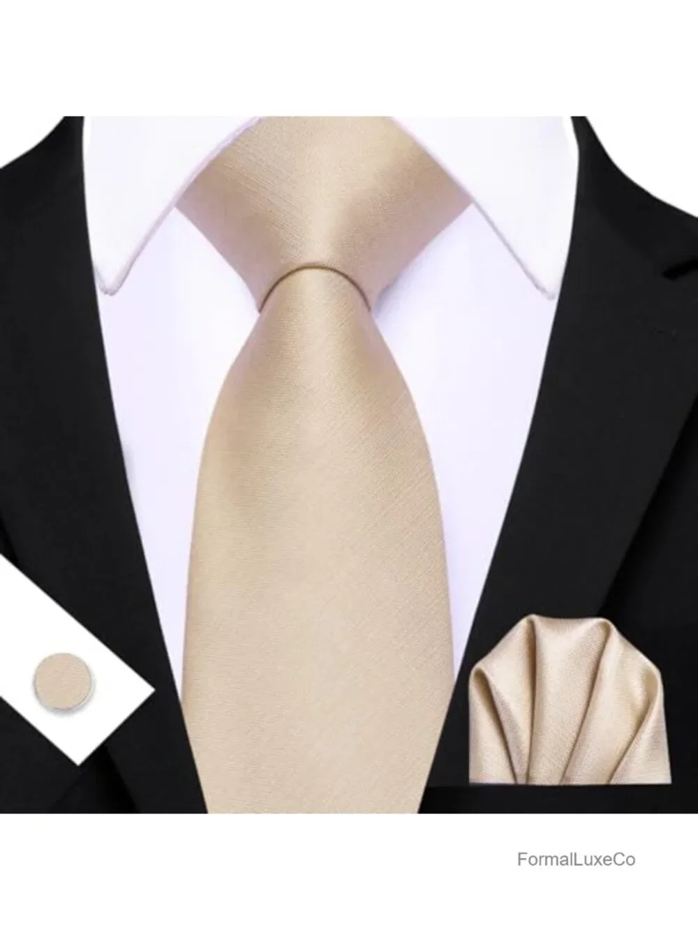 Silk Satin Men's Tie Set with Pocket Square and Cufflinks - Formal Wedding